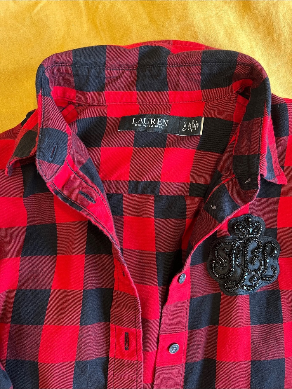 Lauren Ralph Lauren Red and Black Plaid Button-Down Shirt with Crest Patch